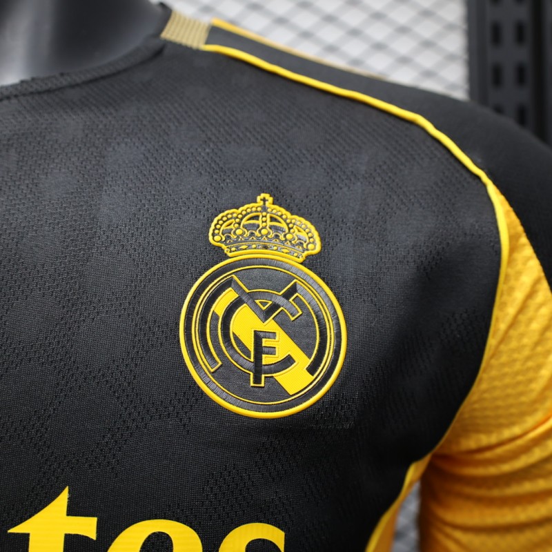 Player Version 25/26 Real Madrid Black with Gold Accents and Emirates Sponsor Jersey