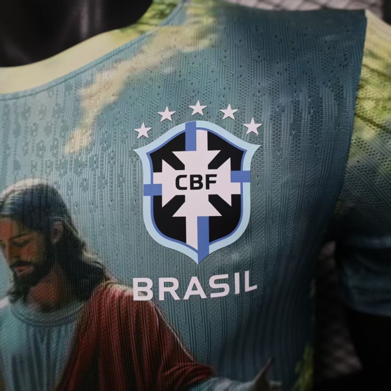 Player Version 2025 Brazil Light Blue with Jesus Christ Religious Artwork Jersey