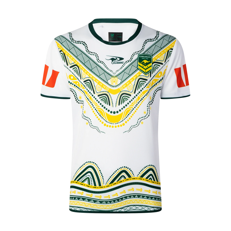 2026 Australia Kangaroos Away White with Green Trim and Indigenous Aboriginal Dot Art Pattern Jersey