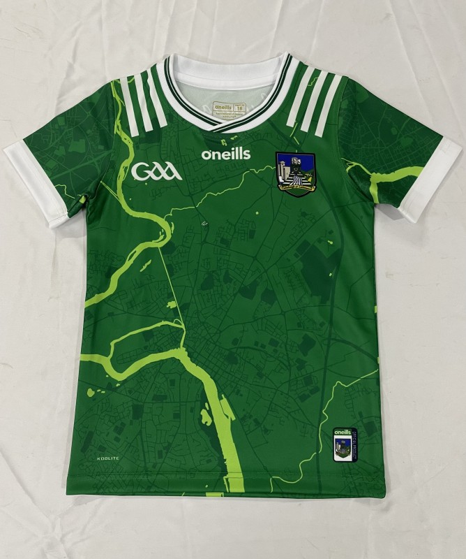 25/26 Kids Limerick GAA Green with River Map Pattern Home Jersey