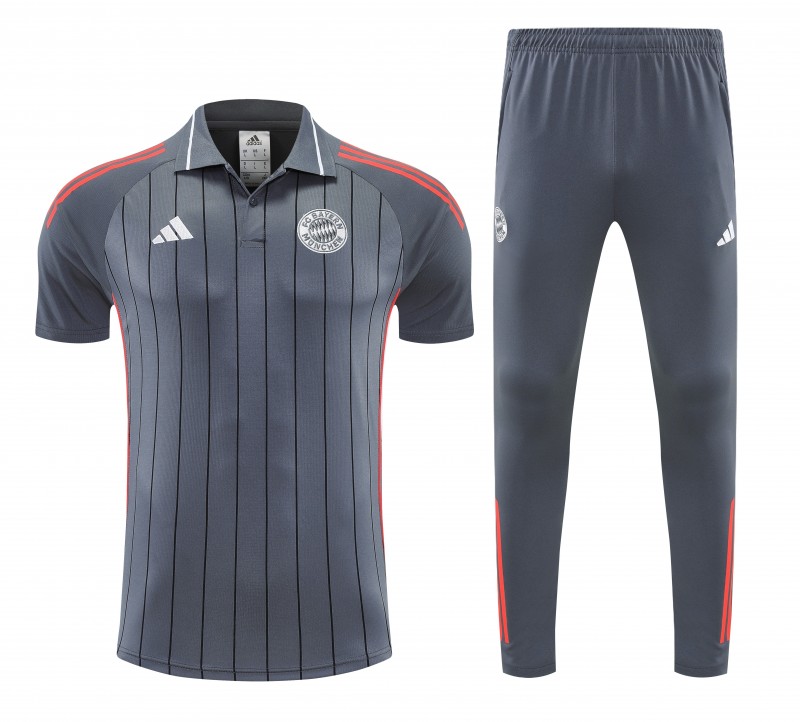 26/27  Bayern Munich Grey Stripes Polo Training Shirt + Long Pants Tracksuit