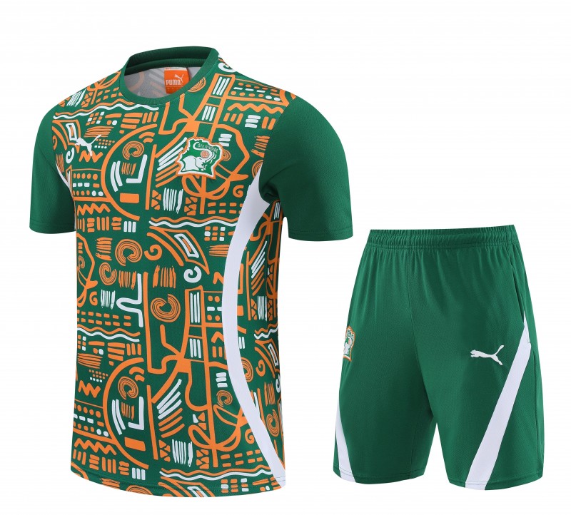25/26 Côte d'Ivoire Green Tribal Print Short Sleeve Training Suit + Shorts