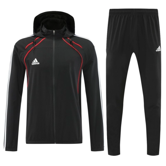 26/27 Adidas Black With Red logo Full Zipper Hooded Jacket Tracksuit + Long Pants
