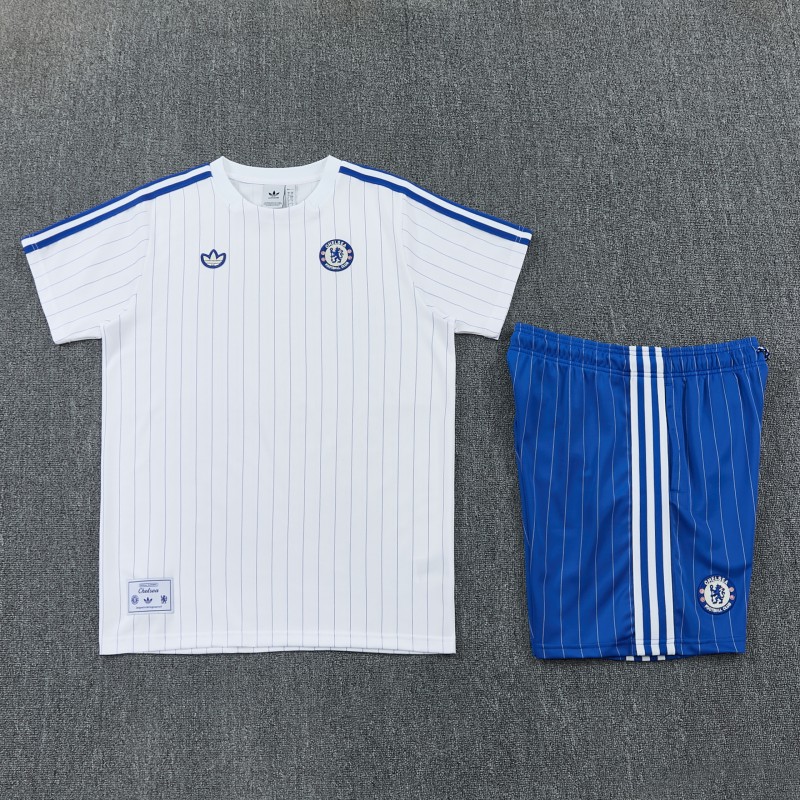 26/27 Chelsea FC White Stripes Short Sleeve+Blue Soccer Shorts