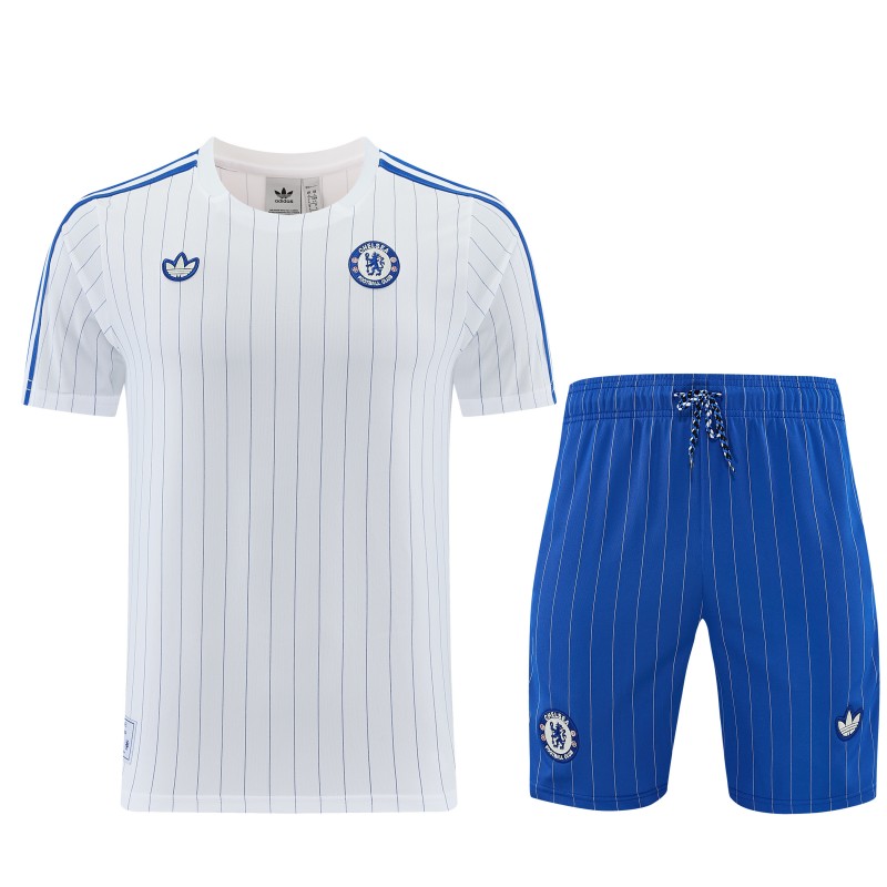 26/27 Chelsea FC White Stripes Short Sleeve+Blue Soccer Shorts