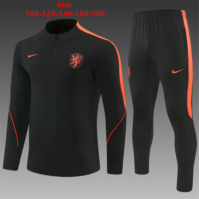 2026 Kids Netherlands Black & Orange  Half Zipper Jacket Tracksuit + Long Pants