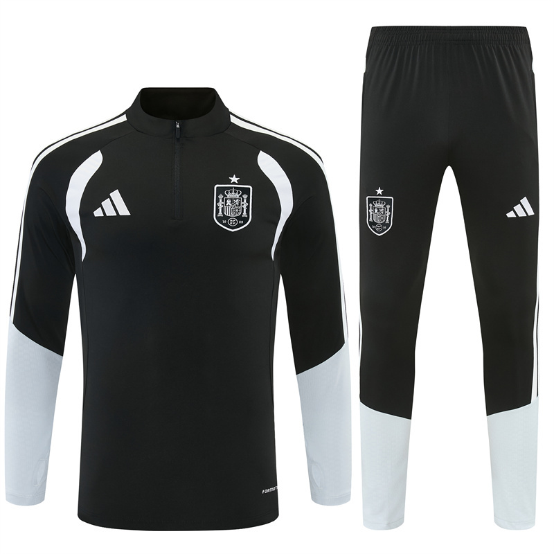 2026 Spain Black & White Half Zipper Jacket Tracksuit + Long Pants
