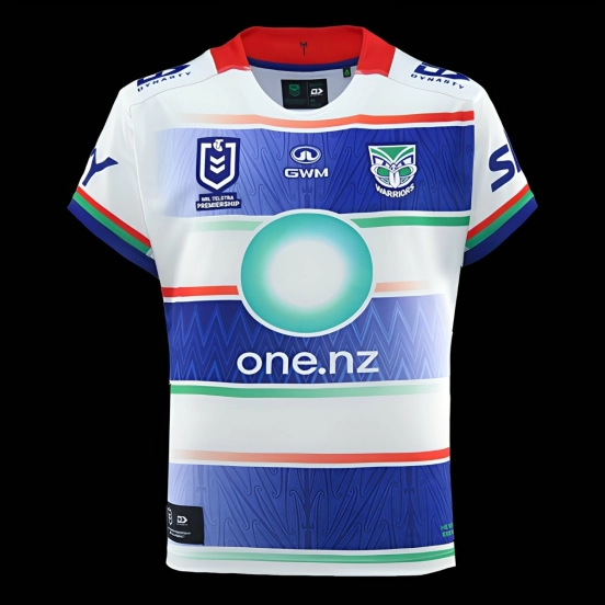 25/26 New Zealand Warriors White with Blue Panels and Circular Gradient Heritage Jersey
