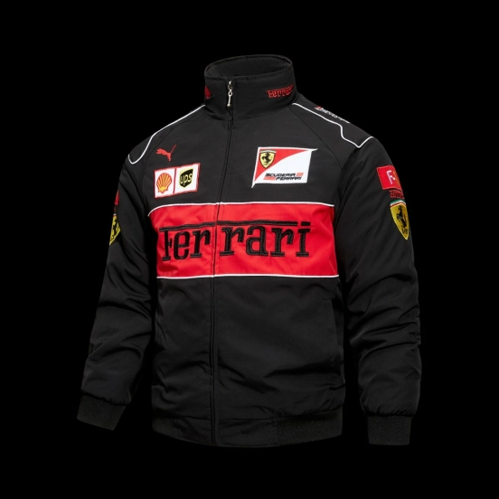 2026 Scuderia Ferrari F1 Team Black Racing Jacket with Red Stripe and Shell UPS Sponsor Logos