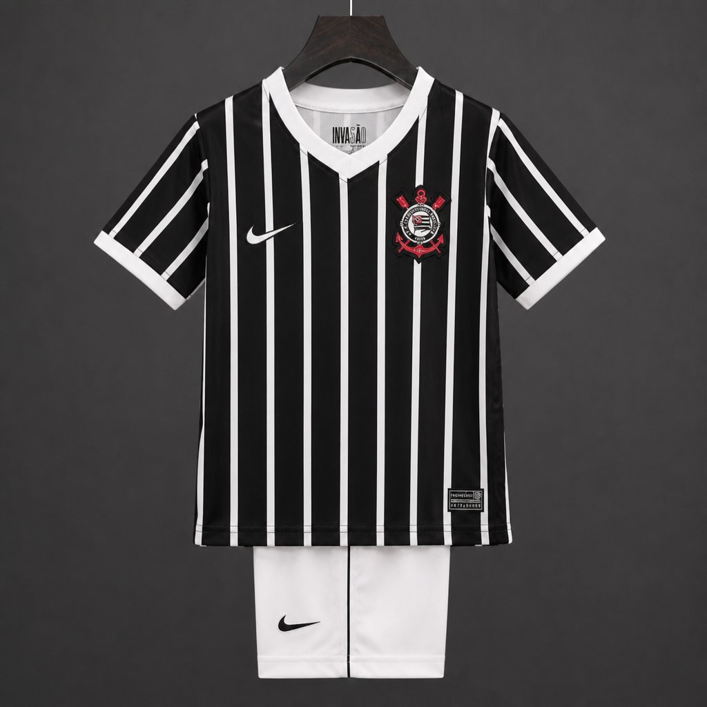 26/27 Kids Corinthians Black & White Stripes Away Jersey Kit